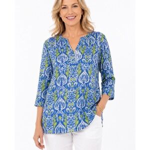 Chicos Linen Tunic Top Ikat Damask Spring Blue Green 3/4 Sleeve Breezy Women L